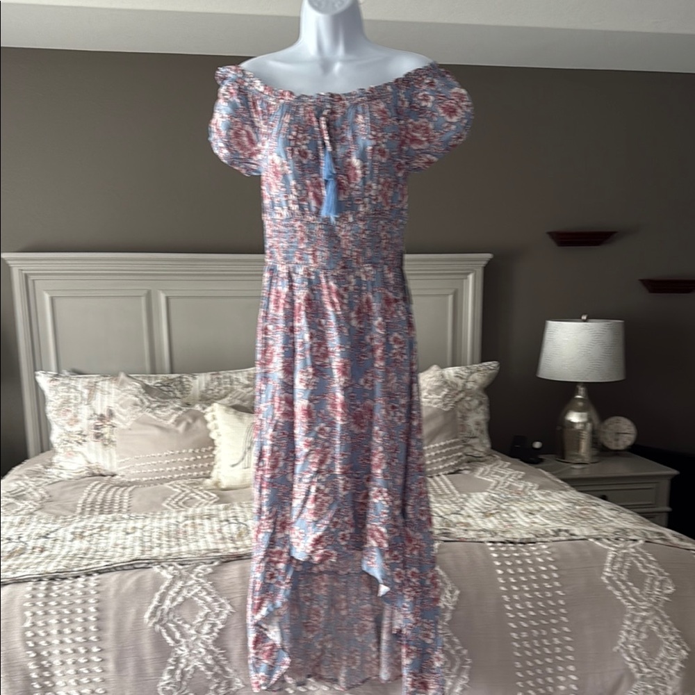 Justify Pink and White High Low Sundress with Puff Cap Sleeves